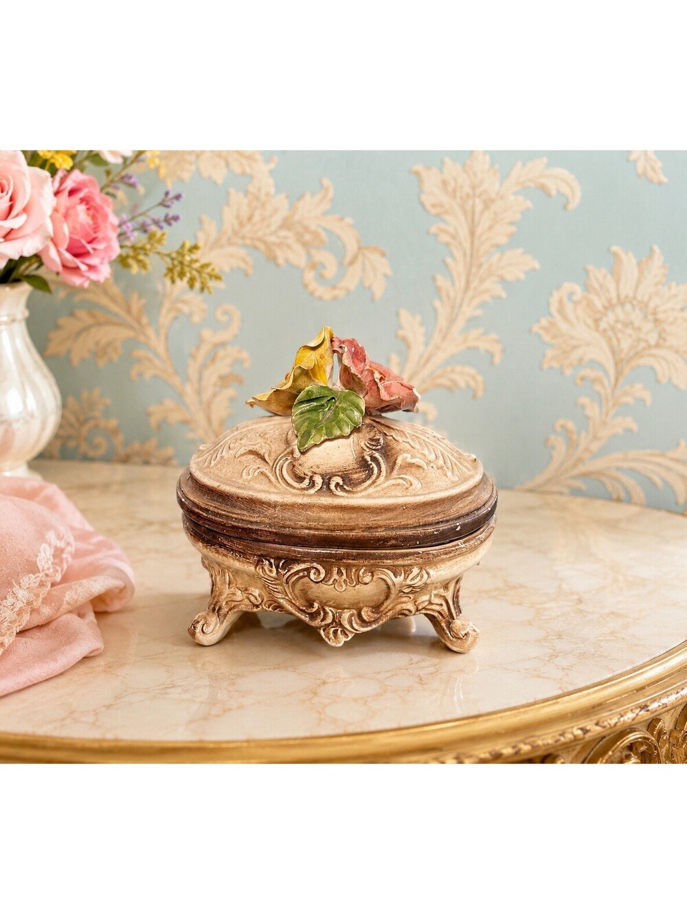 Bassano Italy 1950s Trinket Box Capodimonte-Style Mazzetti Di Flori Ceramic 5x5”